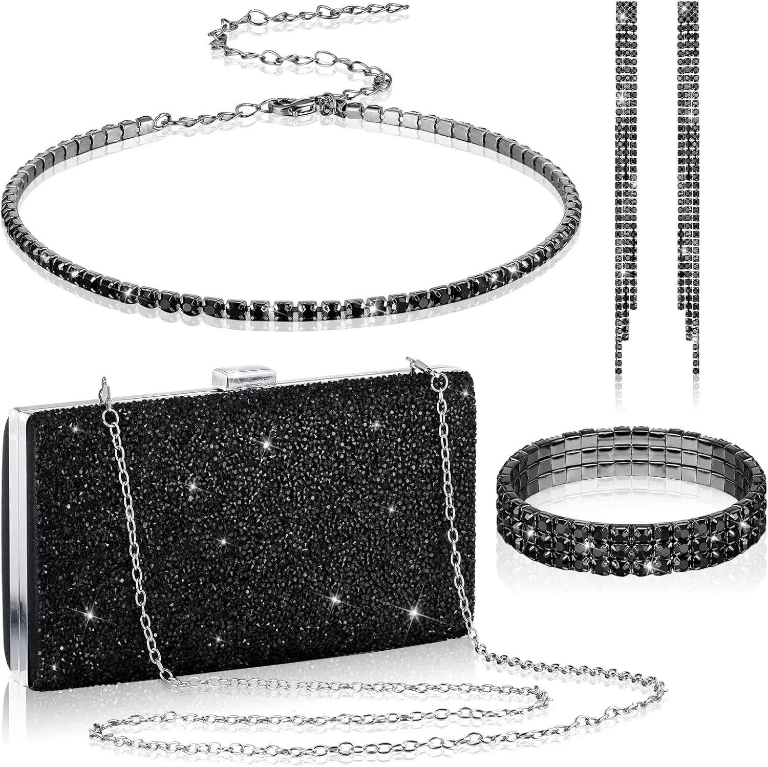 Kigeli 4 Pieces Women Rhinestone Evening Clutch Bag Rhinestone Ear Clip Bridal Wedding Choker Bracelet Dangle Bling Glitter Purse