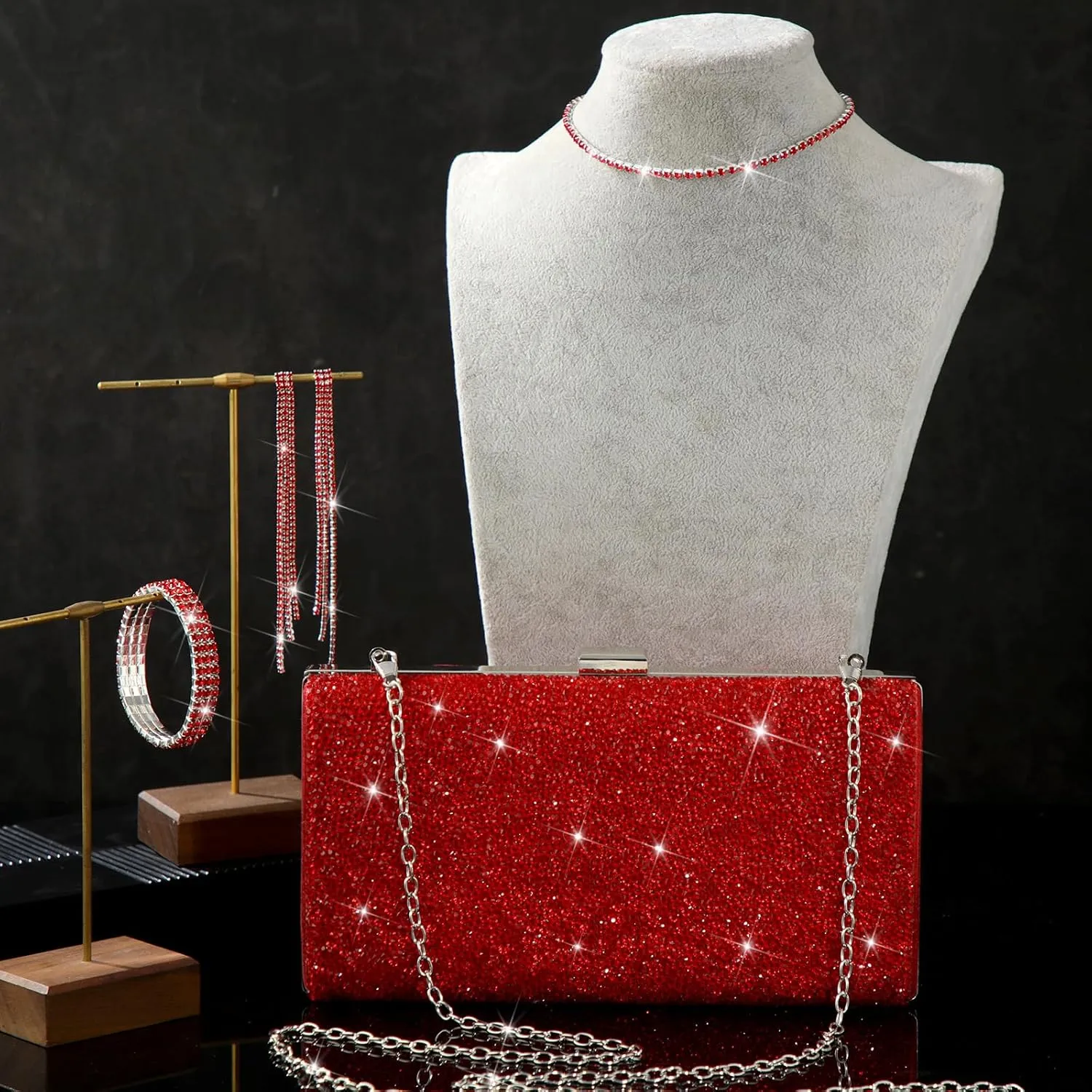 Kigeli 4 Pieces Women Rhinestone Evening Clutch Bag Rhinestone Ear Clip Bridal Wedding Choker Bracelet Dangle Bling Glitter Purse