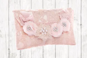 Lace clutch purse. Pale pink.