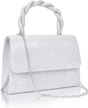 Larcenciel Clutch Purses for Women, Glitter Silver Evening Handbags with Twisted Rope Handles and 2 Removable Chain Straps, Fashion Sequins Ladies Tote Party Bags for Wedding Cocktail Prom Dinner Date
