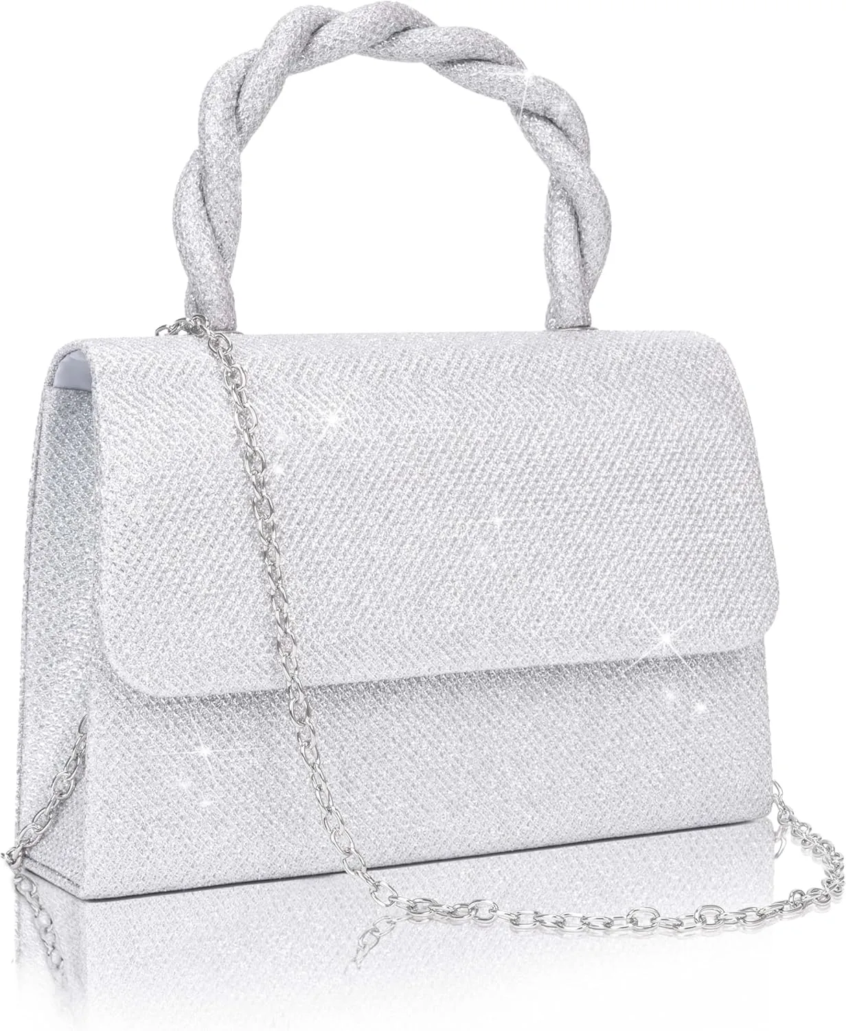 Larcenciel Clutch Purses for Women, Glitter Silver Evening Handbags with Twisted Rope Handles and 2 Removable Chain Straps, Fashion Sequins Ladies Tote Party Bags for Wedding Cocktail Prom Dinner Date