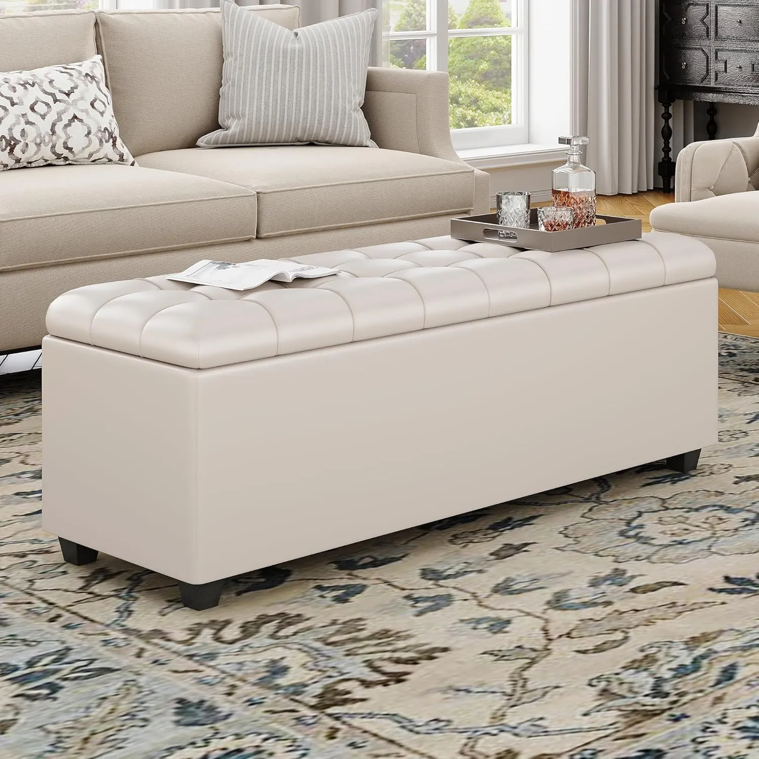 Large 38 Inches Long White Ottoman Bench with Storage,Footstool Furniture End of Bed Benches,Faux Leather Ottomans and Seat for Foot Rest in Bedroom, Living Room, Entryway