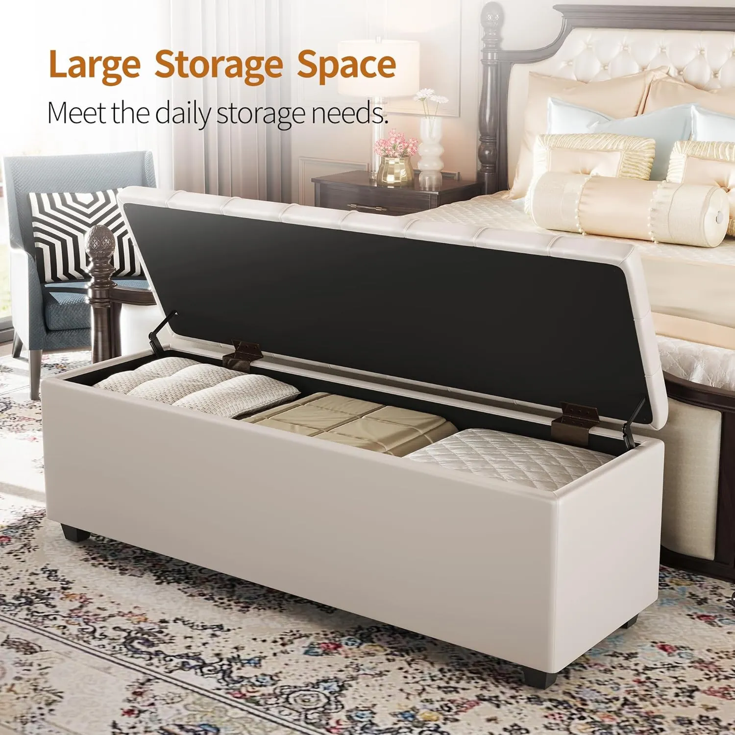 Large 38 Inches Long White Ottoman Bench with Storage,Footstool Furniture End of Bed Benches,Faux Leather Ottomans and Seat for Foot Rest in Bedroom, Living Room, Entryway