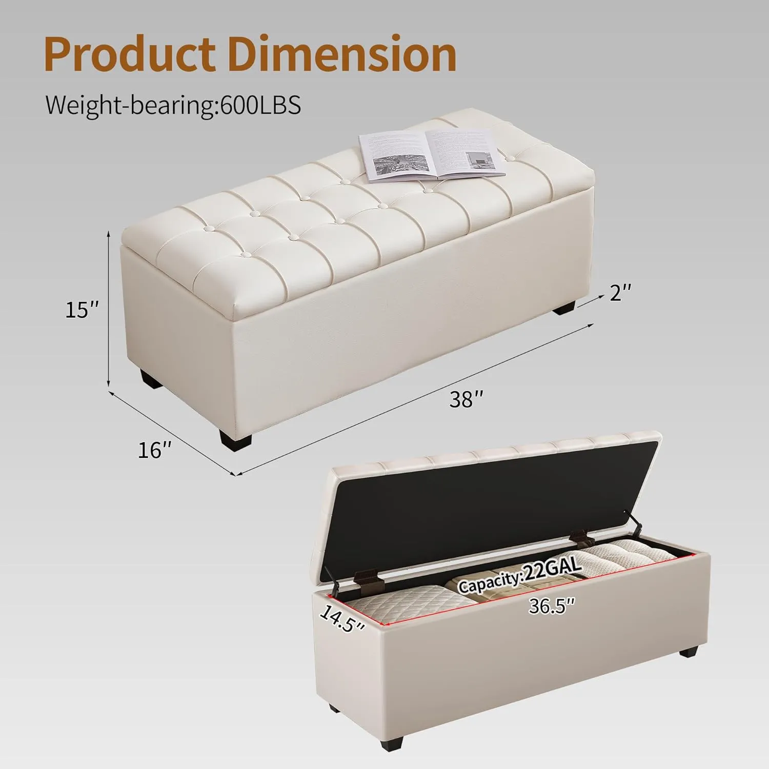 Large 38 Inches Long White Ottoman Bench with Storage,Footstool Furniture End of Bed Benches,Faux Leather Ottomans and Seat for Foot Rest in Bedroom, Living Room, Entryway