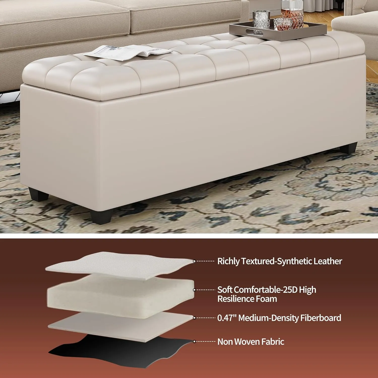 Large 38 Inches Long White Ottoman Bench with Storage,Footstool Furniture End of Bed Benches,Faux Leather Ottomans and Seat for Foot Rest in Bedroom, Living Room, Entryway