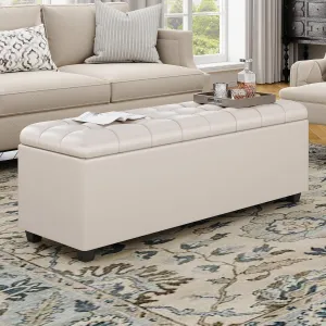 Large 38 Inches Long White Ottoman Bench with Storage,Footstool Furniture End of Bed Benches,Faux Leather Ottomans and Seat for Foot Rest in Bedroom, Living Room, Entryway