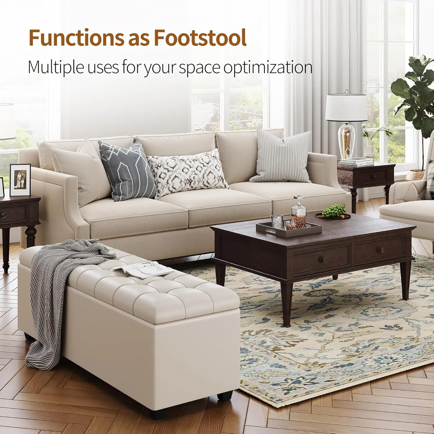 Large 38 Inches Long White Ottoman Bench with Storage,Footstool Furniture End of Bed Benches,Faux Leather Ottomans and Seat for Foot Rest in Bedroom, Living Room, Entryway