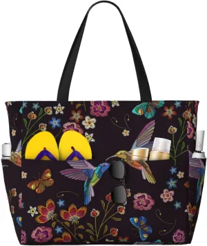 Large Beach Tote Bag for Women Extra Large Capacity Waterproof Sandproof Pool Bag Suitable for Swimming Pool Gym Groceries Travel - Humming Bird And Tropical Flowers Embroidery