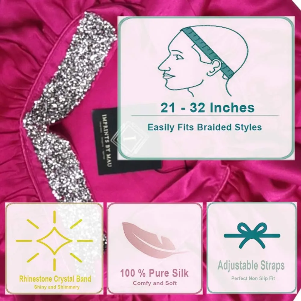 Large Size Soft Silk Bling Bonnet Sleep Cap, Extra Large for Braids, Satin Smooth Rhinestone Night Hat
