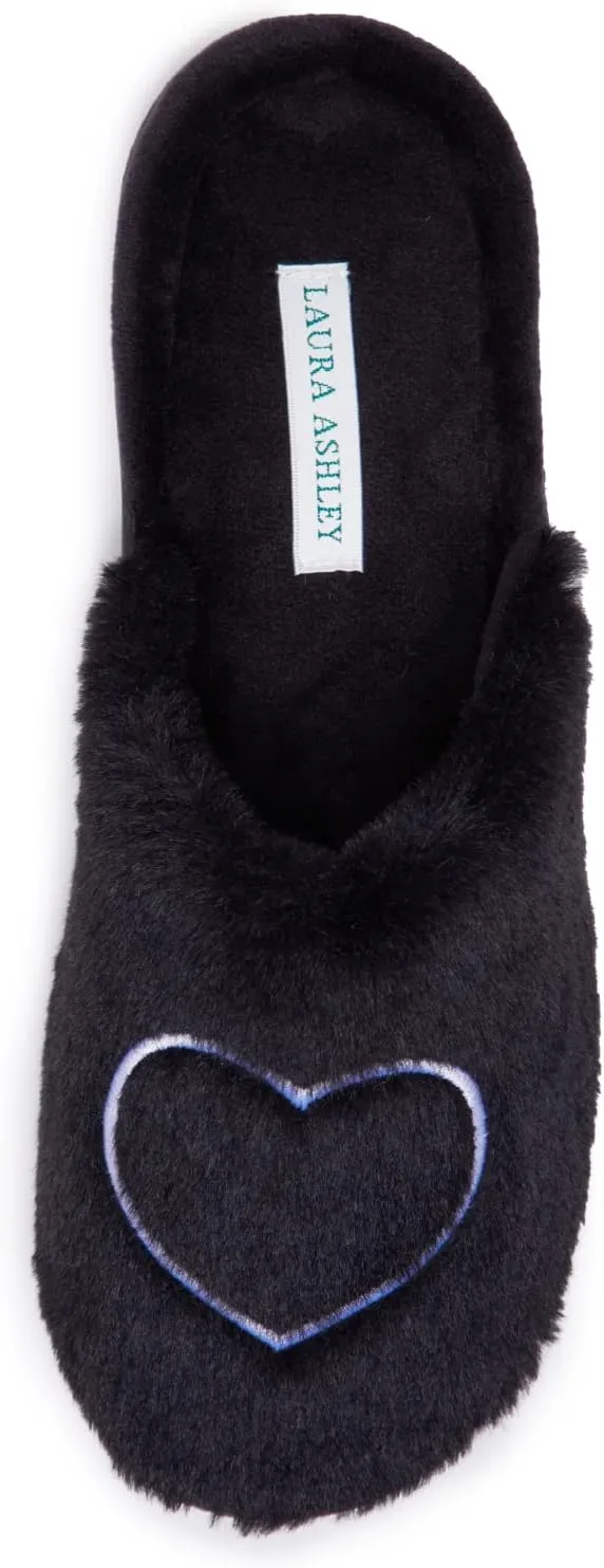 Laura Ashley Womens House Slippers, Hard Soled Faux Fur Lined Clogs for Women, Fuzzy Heart Indoor/Outdoor Women's House Shoes