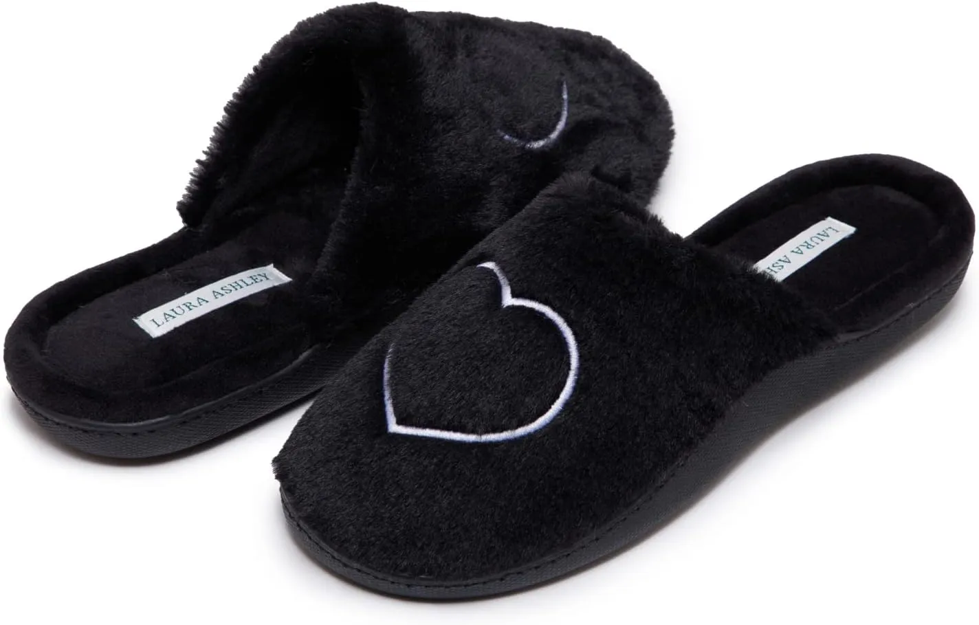 Laura Ashley Womens House Slippers, Hard Soled Faux Fur Lined Clogs for Women, Fuzzy Heart Indoor/Outdoor Women's House Shoes