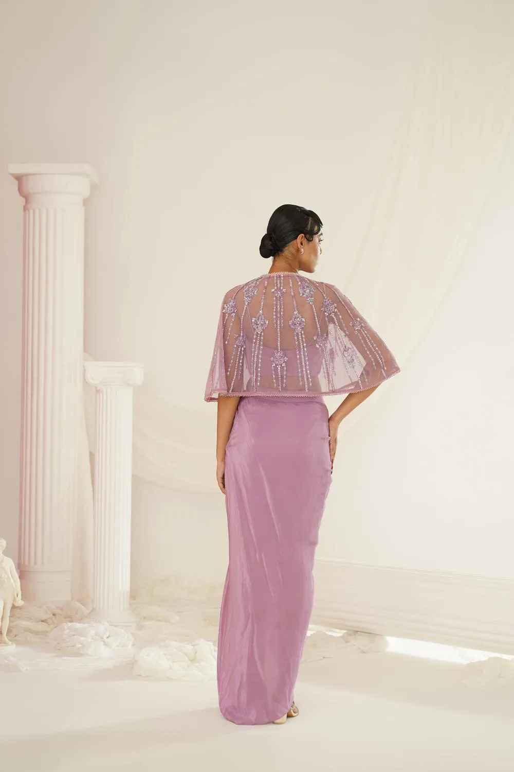 Lavender Embroidered Blouse With  Ready To Wear Drape Dhoti Set
