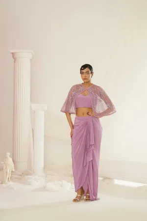 Lavender Embroidered Blouse With  Ready To Wear Drape Dhoti Set