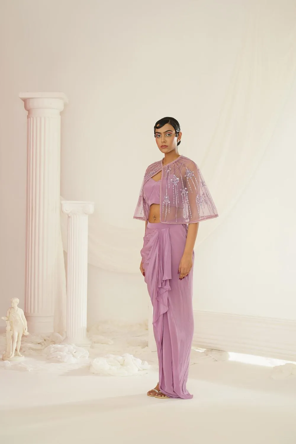 Lavender Embroidered Blouse With  Ready To Wear Drape Dhoti Set