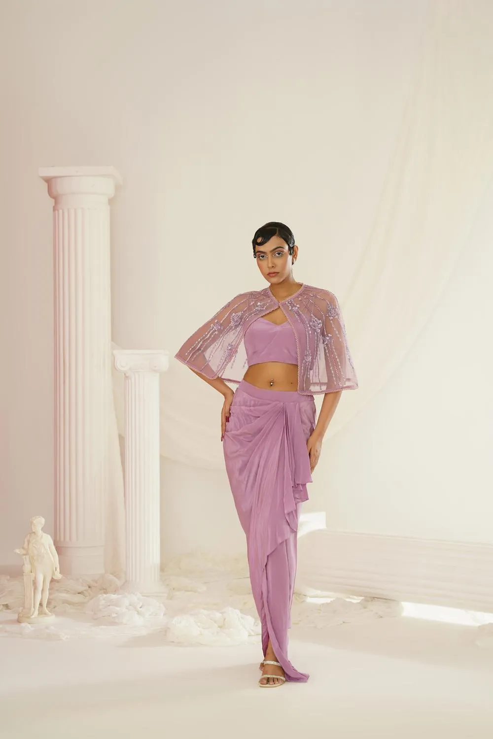 Lavender Embroidered Blouse With  Ready To Wear Drape Dhoti Set