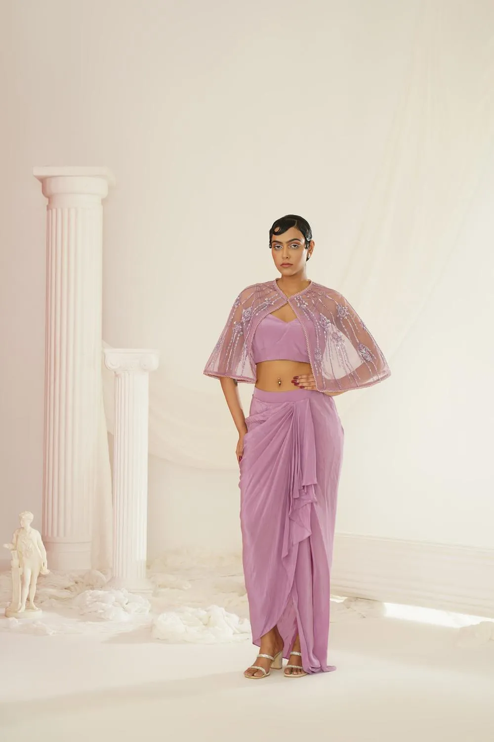 Lavender Embroidered Blouse With  Ready To Wear Drape Dhoti Set