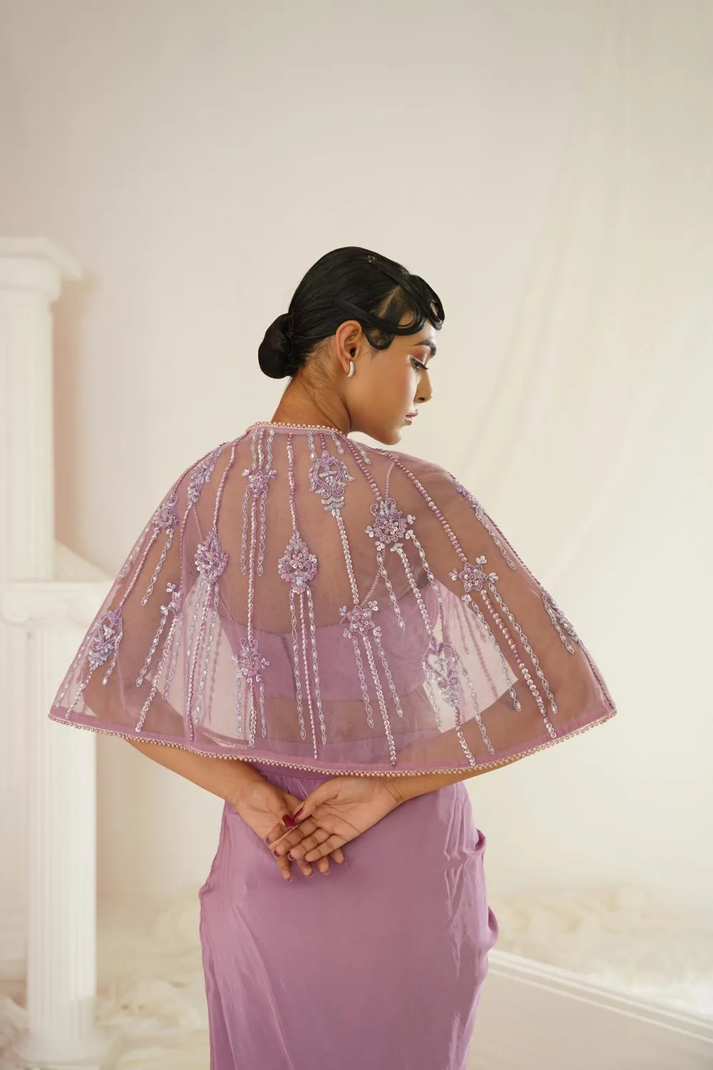 Lavender Embroidered Blouse With  Ready To Wear Drape Dhoti Set