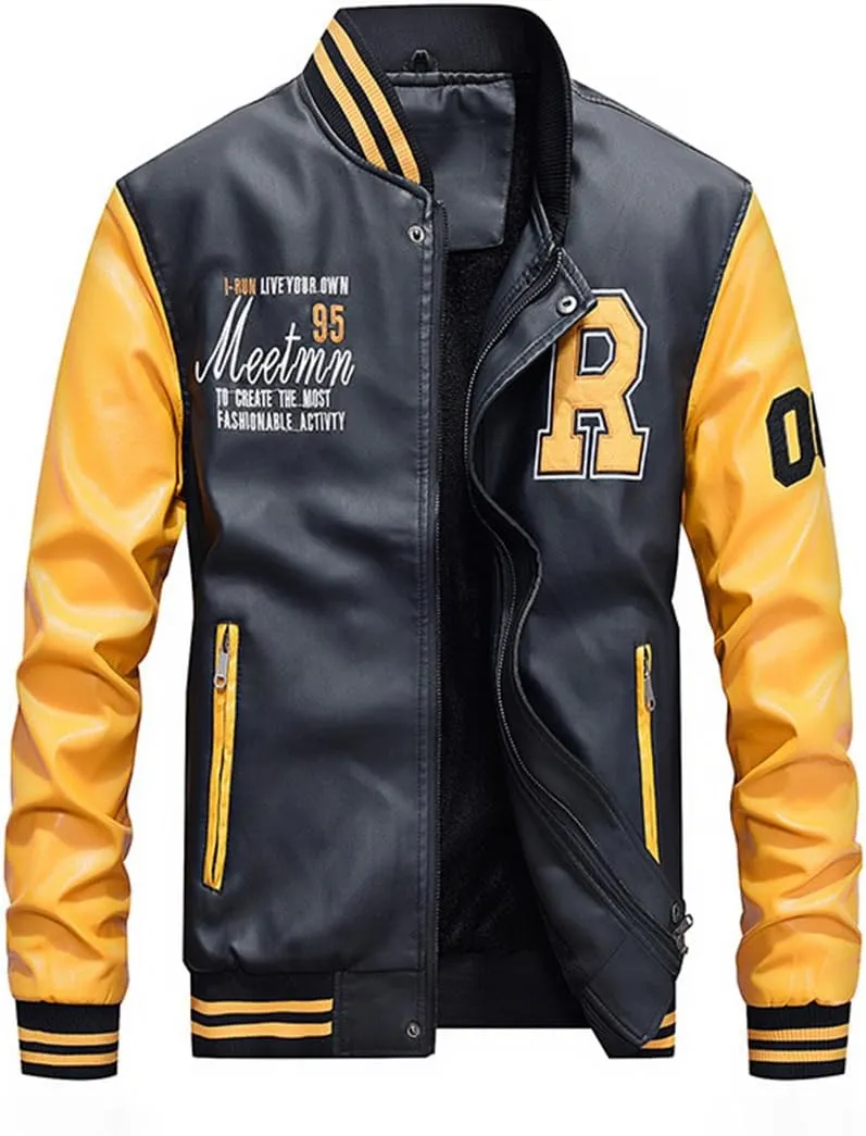 Lavnis Men's Faux Leather Jacket Casual Baseball Stand Collar Slim Fit Coat
