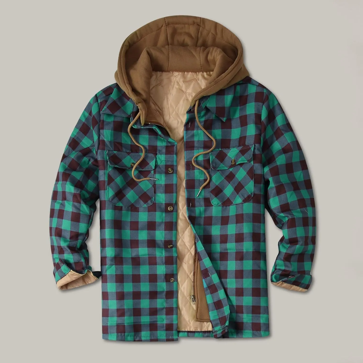 LCMTWX Men's Cotton Plaid Shirts Jacket Print Hooded Zipper Pocket Long Sleeve Shirt Patchwork Soft Warm Coat for Men with