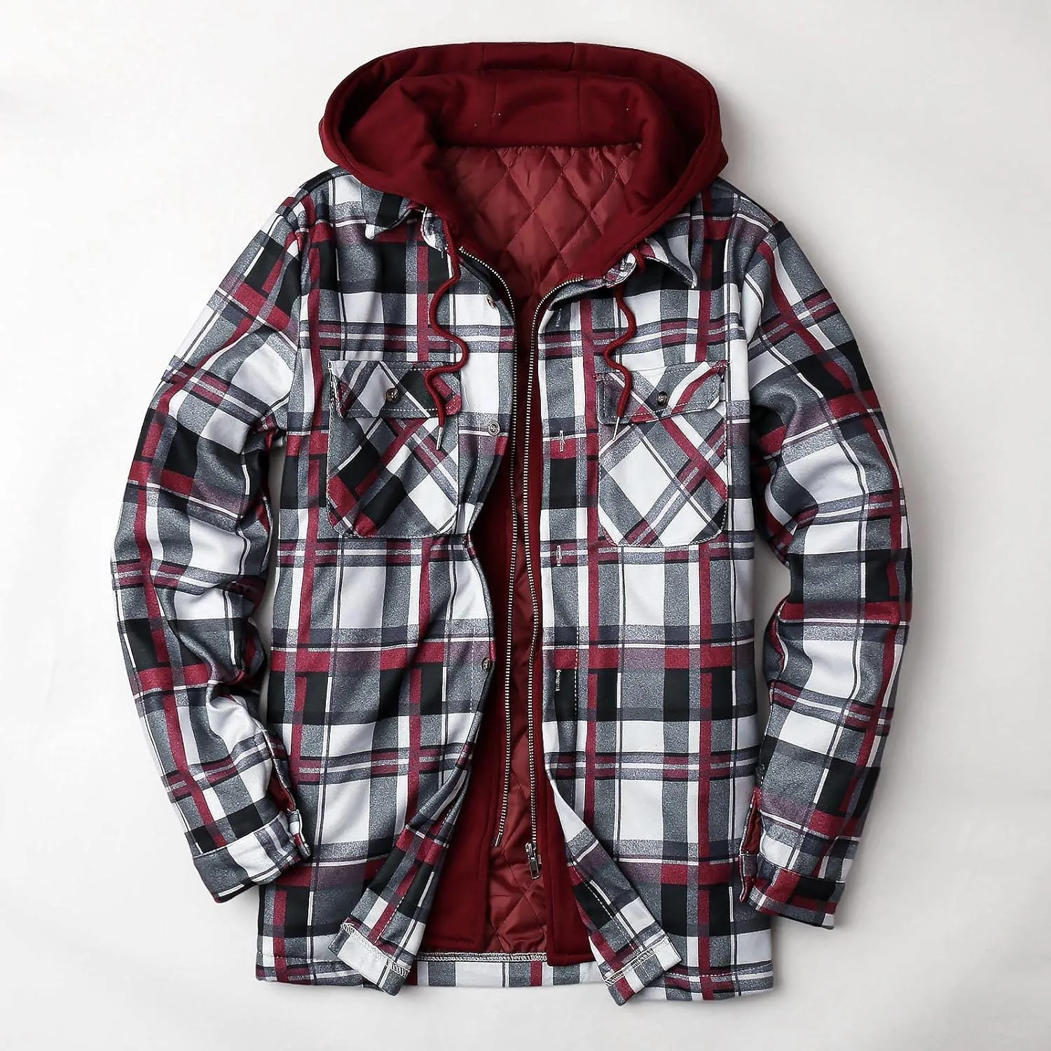 LCMTWX Men's Fleece Lined Flannel Shirt Jacket Hooded Zipper Pocket Long Sleeve Shirt Patchwork Jacket Loose Thickened