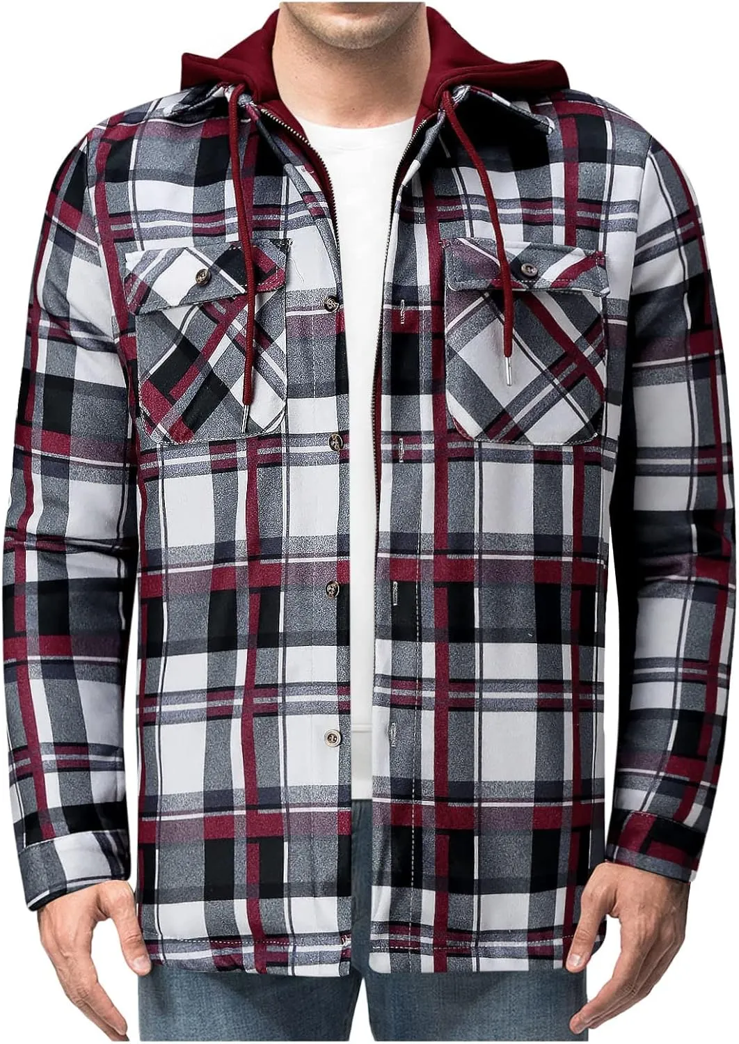LCMTWX Men's Fleece Lined Flannel Shirt Jacket Hooded Zipper Pocket Long Sleeve Shirt Patchwork Jacket Loose Thickened