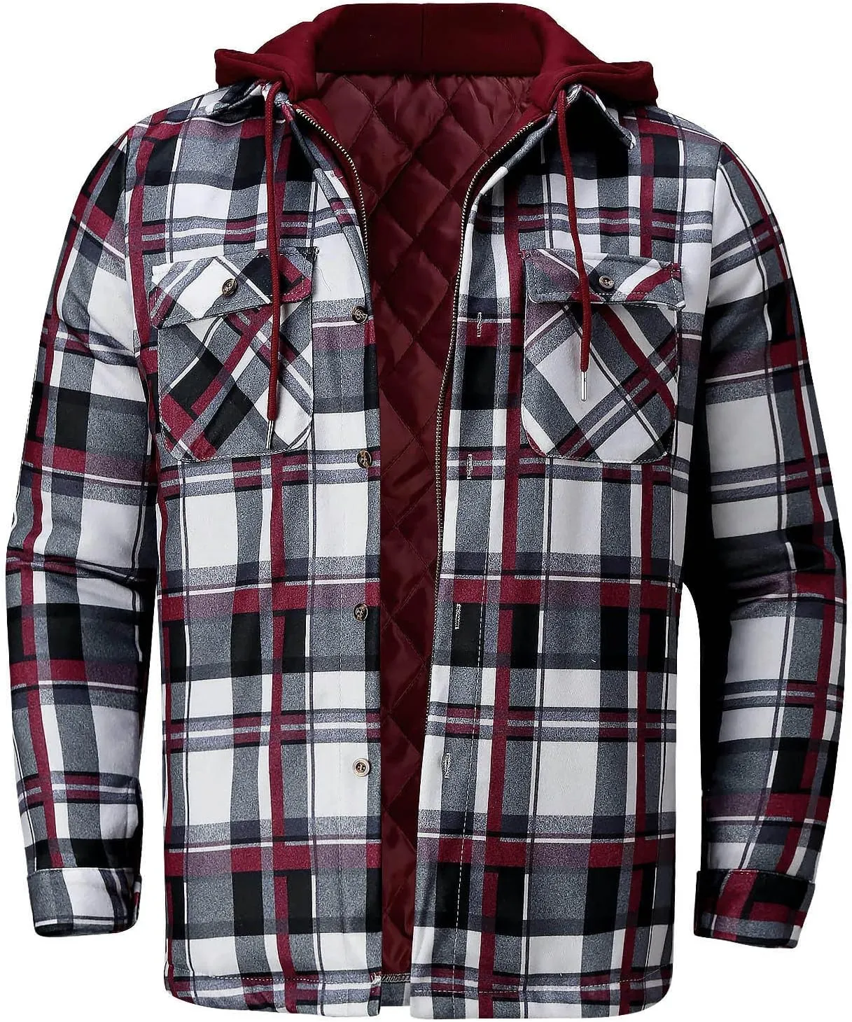 LCMTWX Men's Fleece Lined Flannel Shirt Jacket Hooded Zipper Pocket Long Sleeve Shirt Patchwork Jacket Loose Thickened