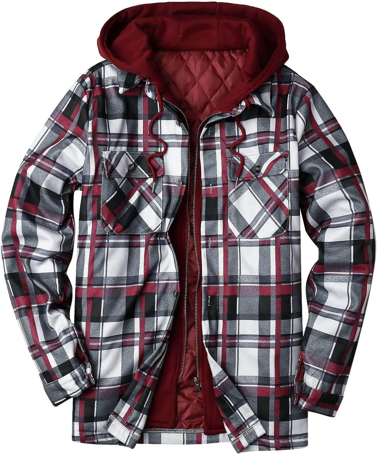 LCMTWX Men's Fleece Lined Flannel Shirt Jacket Hooded Zipper Pocket Long Sleeve Shirt Patchwork Jacket Loose Thickened
