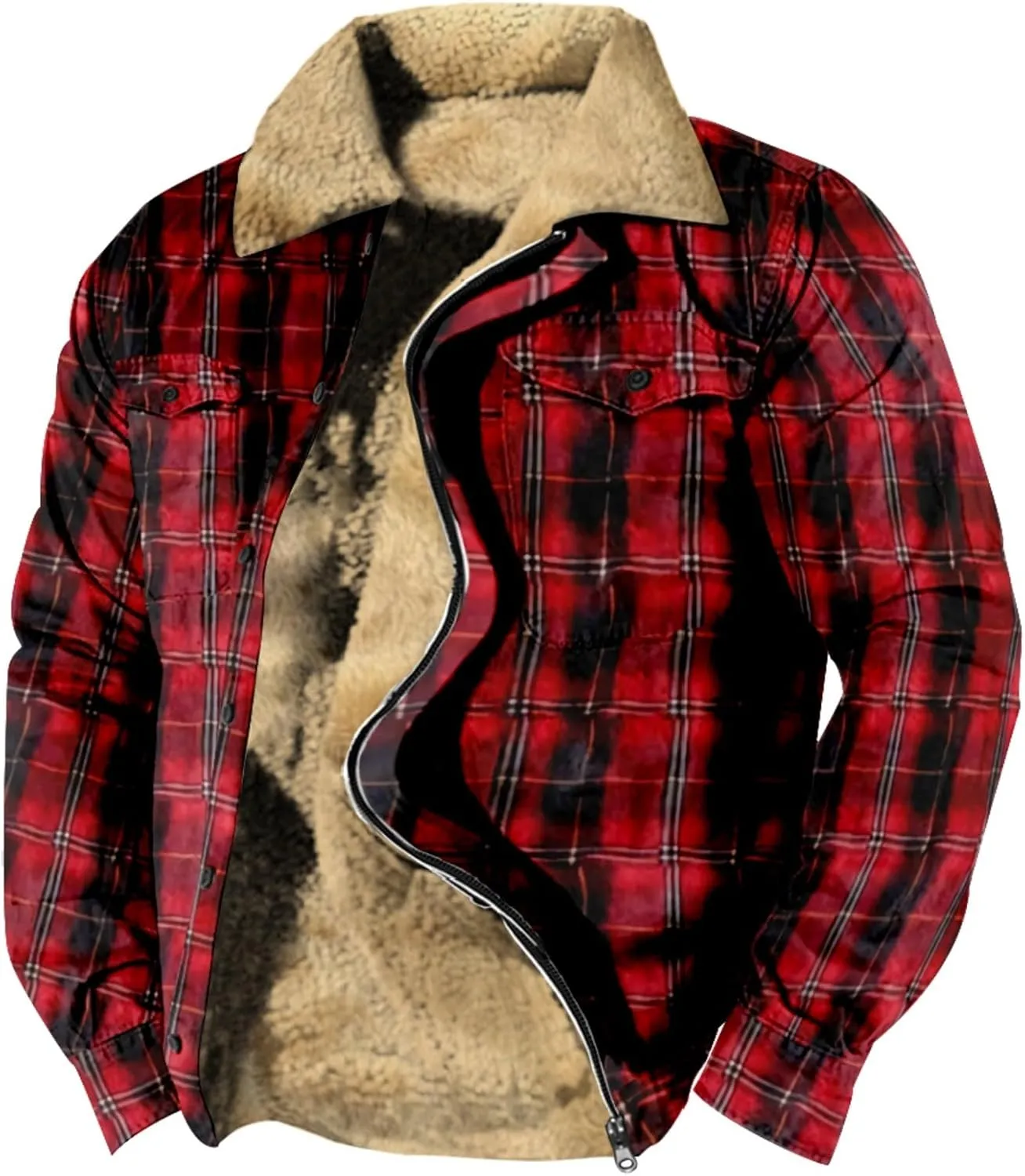 LCMTWX Mens Plaid Jacket Casual Plaid Print Hooded Zipper Pocket Long Sleeve Shirt Patchwork Jacket Loose Thickened ​Coat