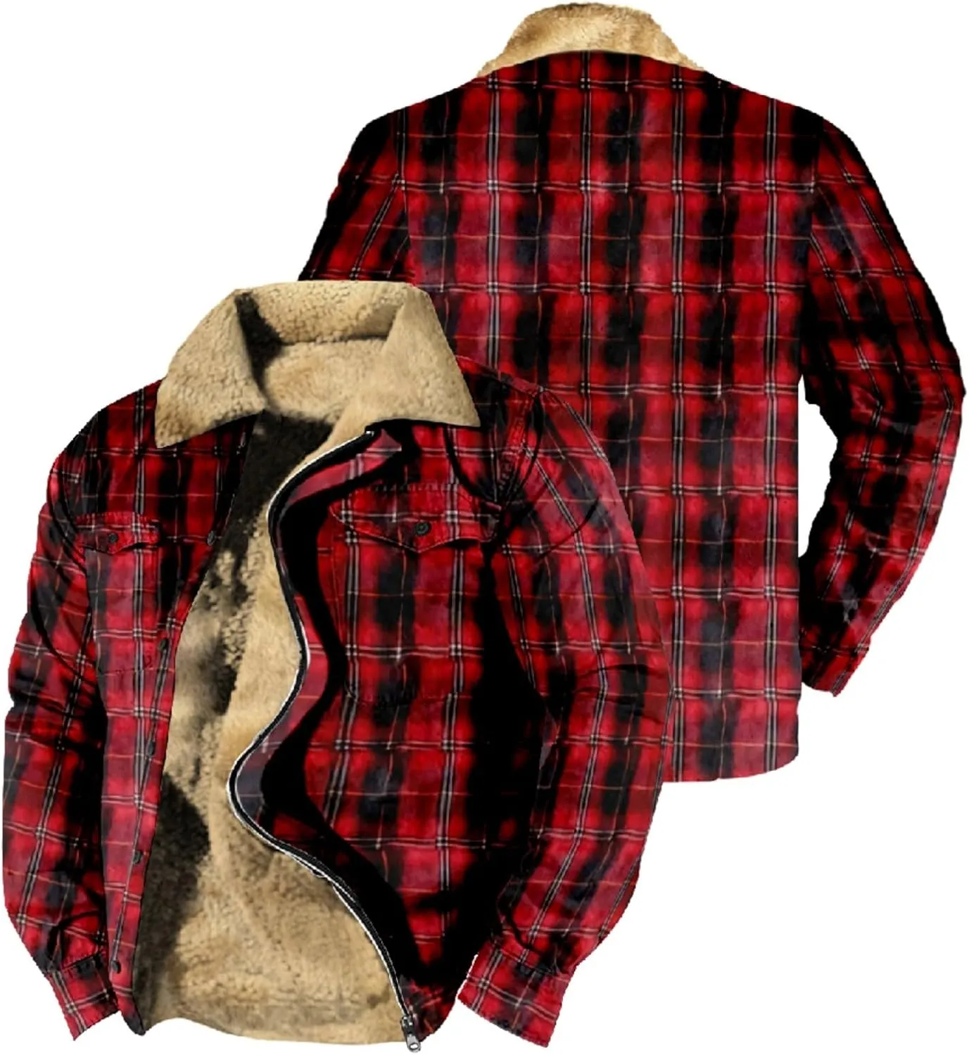 LCMTWX Mens Plaid Jacket Casual Plaid Print Hooded Zipper Pocket Long Sleeve Shirt Patchwork Jacket Loose Thickened ​Coat