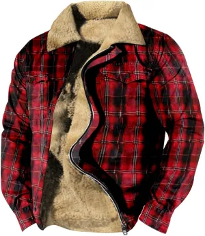 LCMTWX Mens Plaid Jacket Casual Plaid Print Hooded Zipper Pocket Long Sleeve Shirt Patchwork Jacket Loose Thickened ​Coat