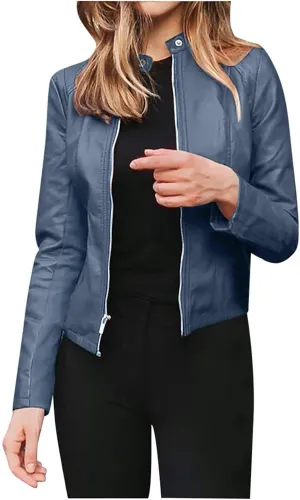 LCMTWX Womens Faux Leather Long Sleeve Jackets Collar Long Sleeve Outwear Cool Slim Jacket Coat for Plus Size Moto Biker