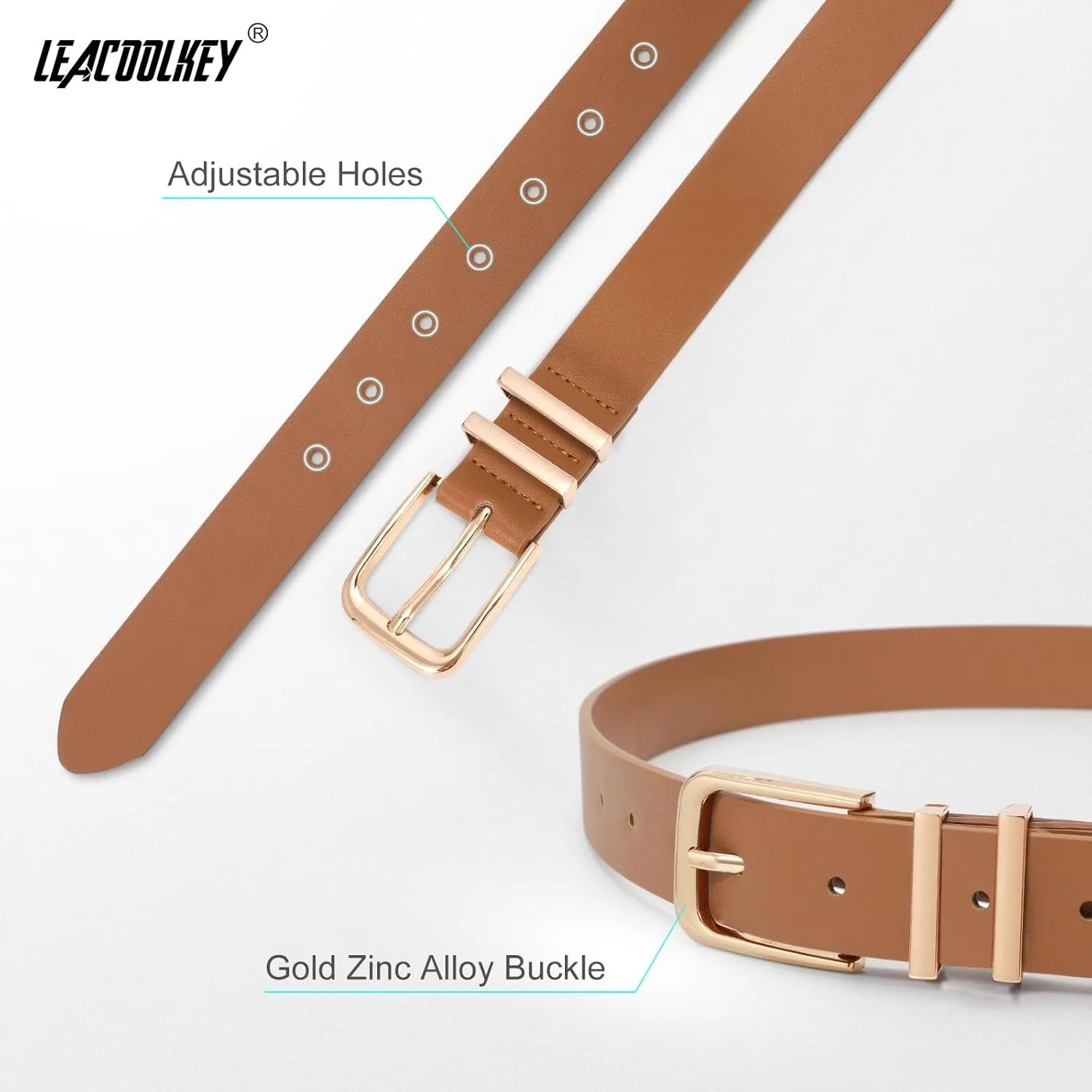 LEACOOLKEY 3 Pack Women's Leather Belts for Jeans Dress Pants Fashion Ladies Leather Belts with Gold/Sliver Buckle