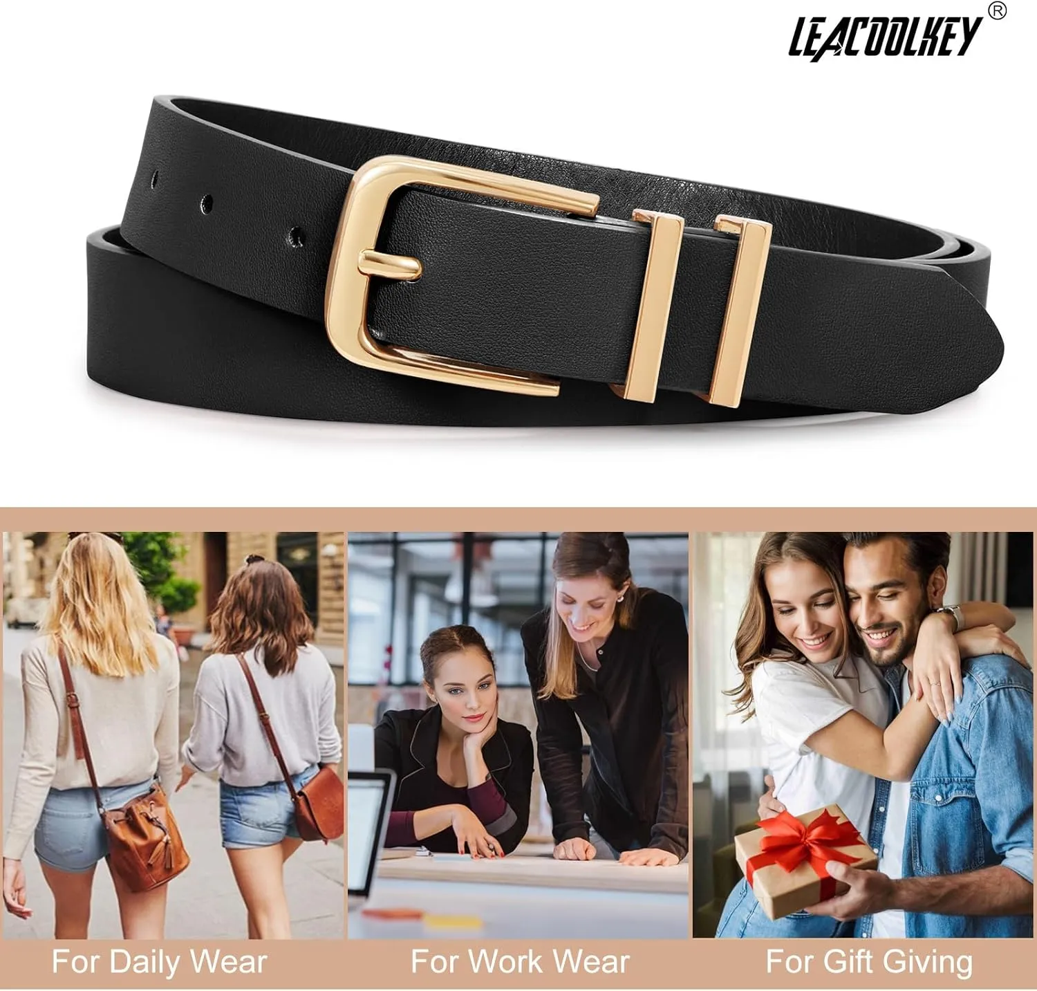 LEACOOLKEY 3 Pack Women's Leather Belts for Jeans Dress Pants Fashion Ladies Leather Belts with Gold/Sliver Buckle