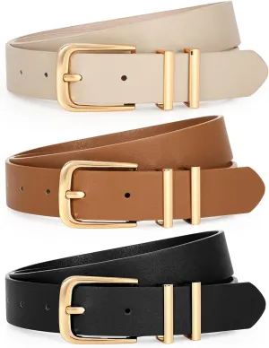LEACOOLKEY 3 Pack Women's Leather Belts for Jeans Dress Pants Fashion Ladies Leather Belts with Gold/Sliver Buckle