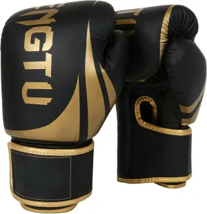Leather Boxing Gloves for Adults, Tear-Resistant Pu with Cushioned Foam, Elastic Training Gear, Black Gold Design, 10 Oz, Fits Hand Length 6.3-7.9