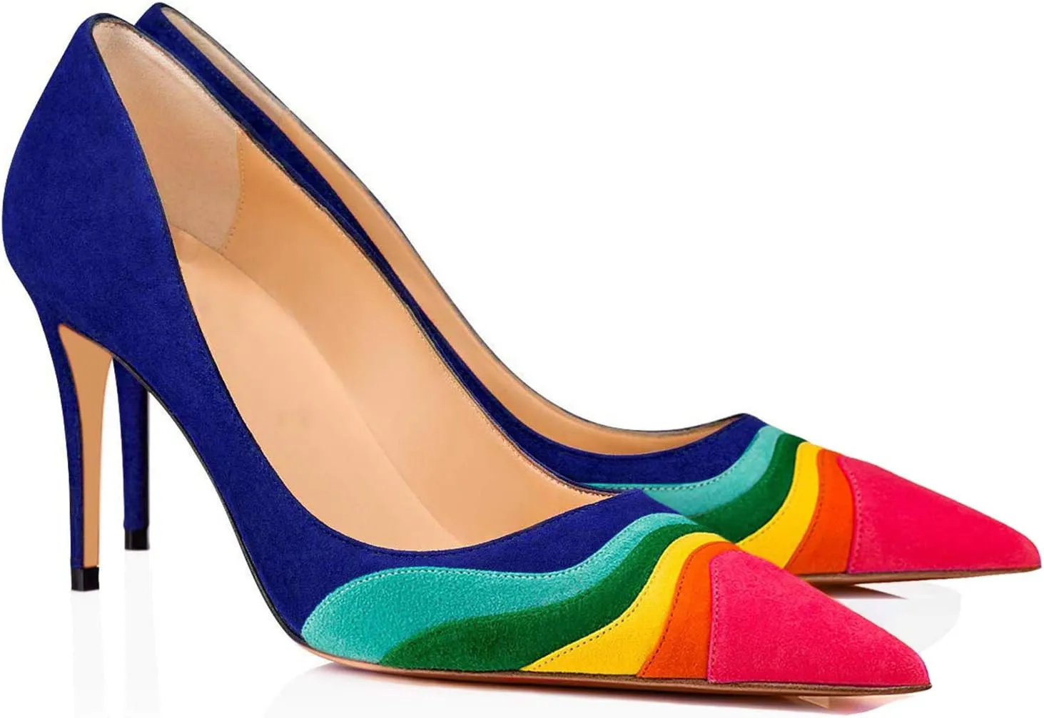 LEHOOR Women Rainbow Kitten Heels Pumps Pointed Toe Suede Stiletto, 3 inch High Heel Pumps Multicolor Closed Toe Classic for Ladies Dress Party 4-15 M US