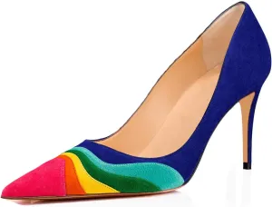 LEHOOR Women Rainbow Kitten Heels Pumps Pointed Toe Suede Stiletto, 3 inch High Heel Pumps Multicolor Closed Toe Classic for Ladies Dress Party 4-15 M US