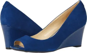 LEHOOR Women Slip On Peep Toe Wedge Pumps Suede 3 Inch Mid Wedge Heels Crocodile Pattern Comfortable Round Open Toe Wedges Sandals Patchwork Office Party Elegant Vintage Dress Shoes 5-11 M US