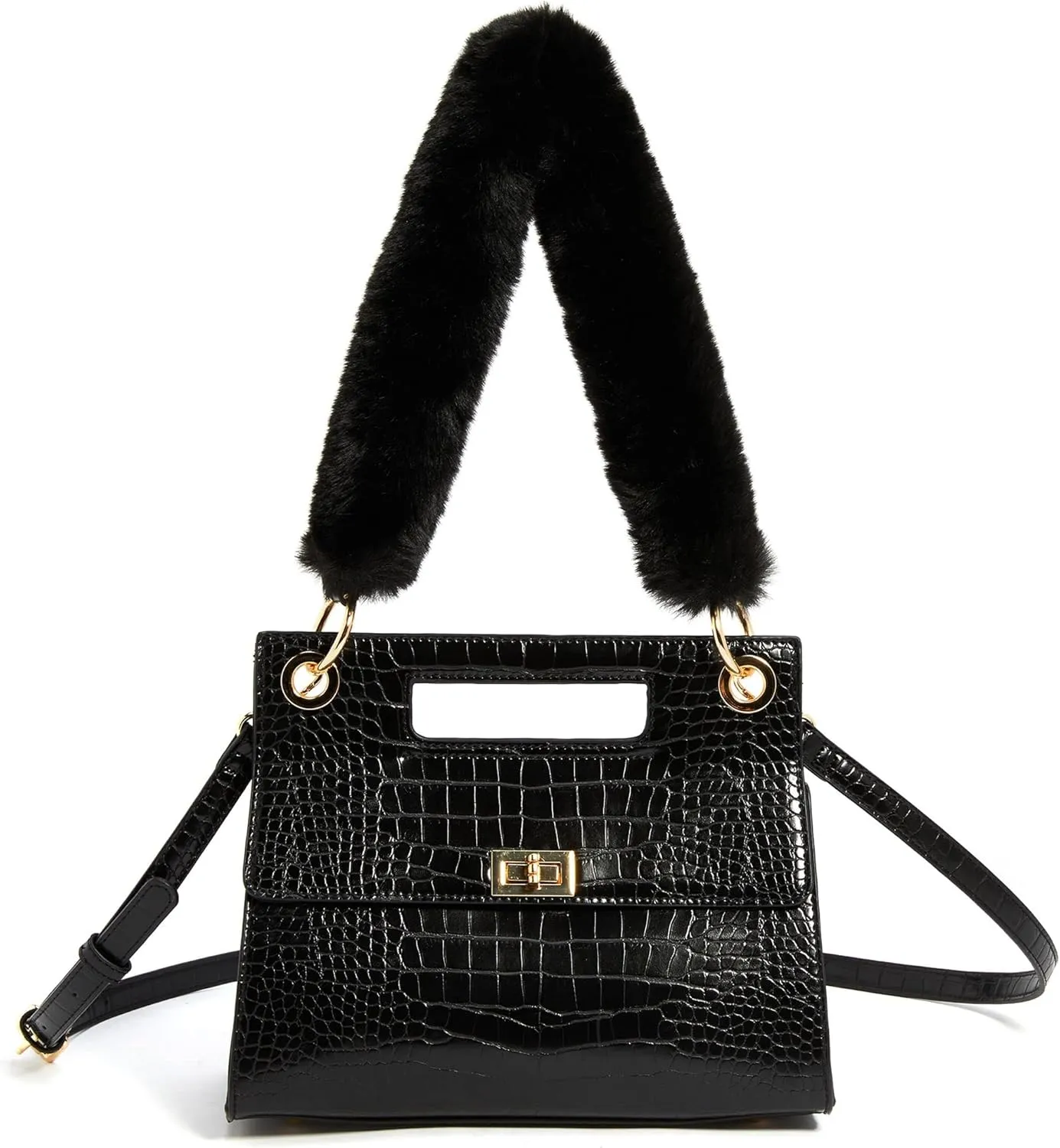 Like Dreams Women's Faux Croc Embossed Satchel Fur Top Handle Turn Lock Fashion Handbag