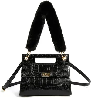 Like Dreams Women's Faux Croc Embossed Satchel Fur Top Handle Turn Lock Fashion Handbag