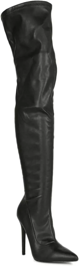 Liliana Women Faux Leather Pointy Toe Thigh High Single Sole Stiletto Boot