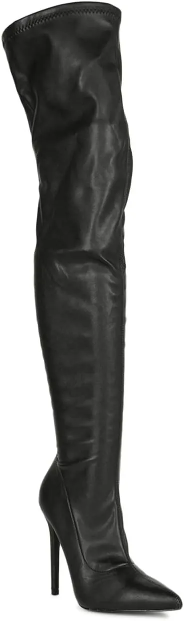 Liliana Women Faux Leather Pointy Toe Thigh High Single Sole Stiletto Boot