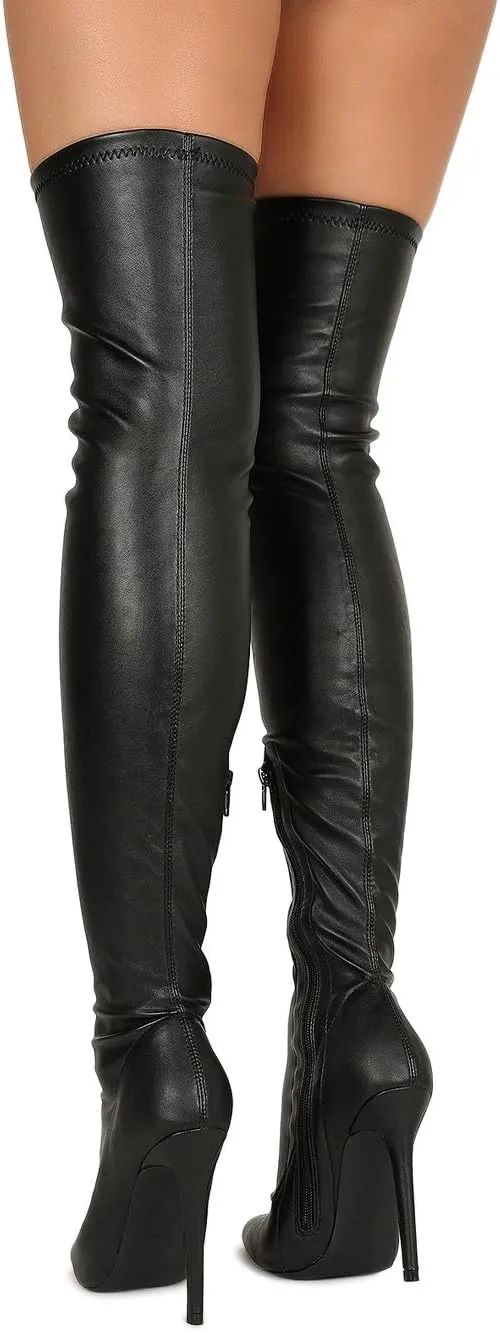 Liliana Women Faux Leather Pointy Toe Thigh High Single Sole Stiletto Boot