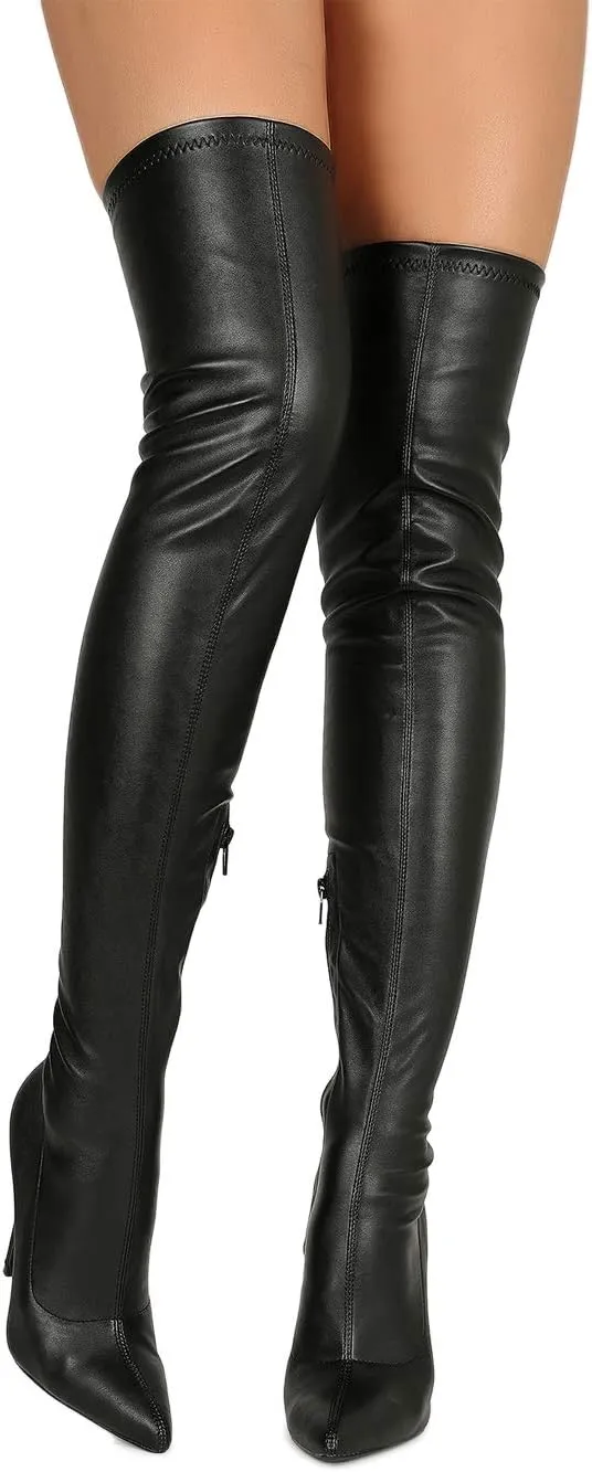 Liliana Women Faux Leather Pointy Toe Thigh High Single Sole Stiletto Boot