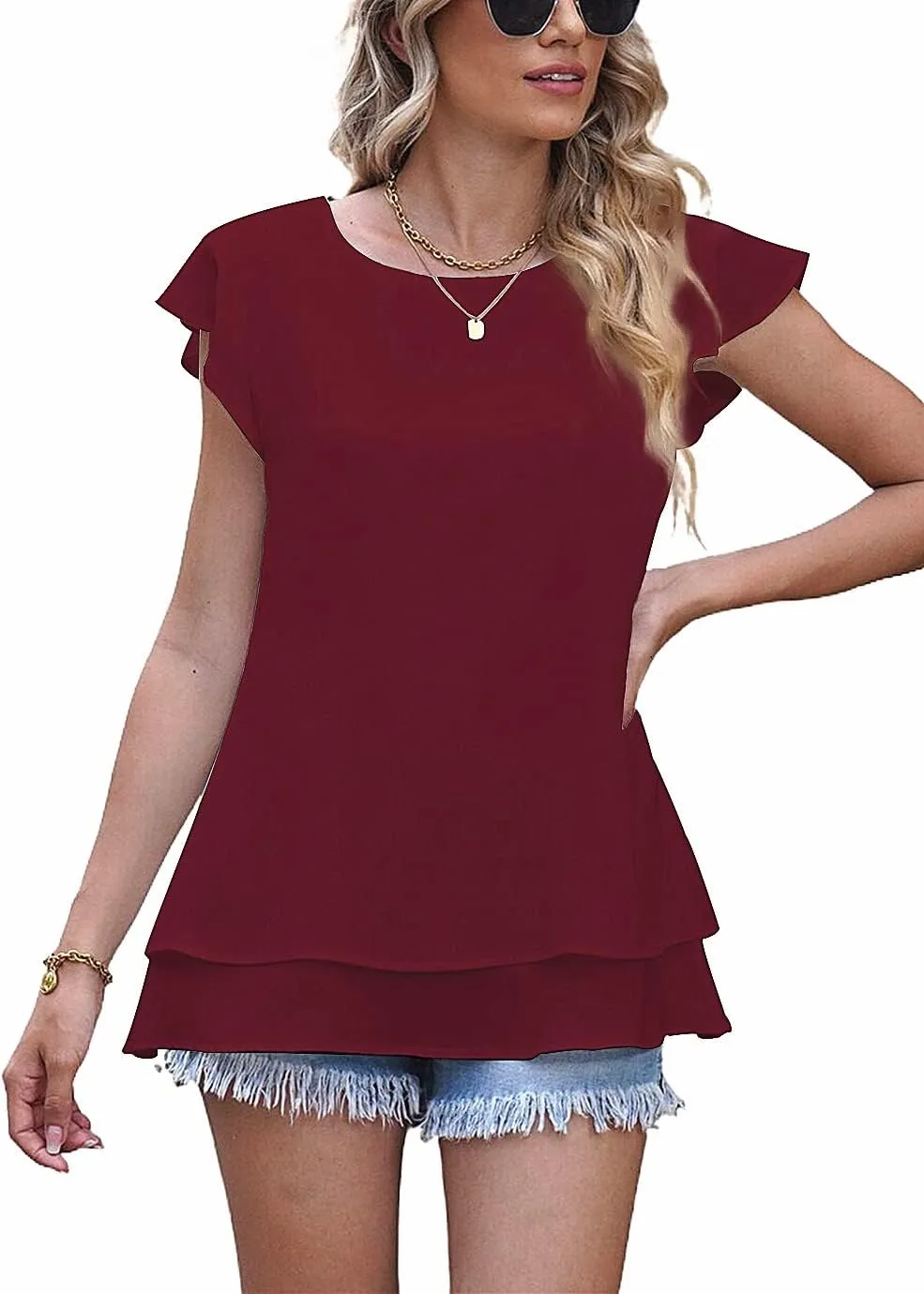 lime flare Women Dressy Double Layers Business Casual Blouse Tshirt Tops Summer Tunic Shirt