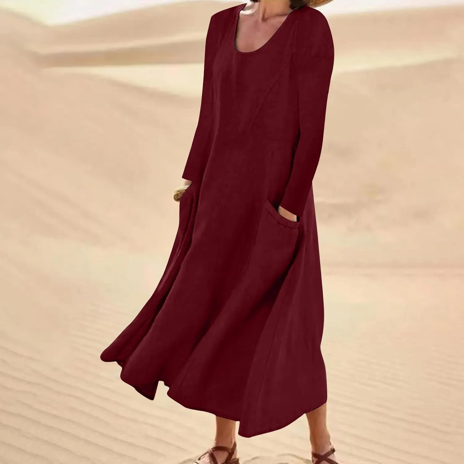 Linen Dresses for Women 2024 Plus Size Long Sleeve Solid Cotton Linen Dress Causal Ruffle Fall Dresses with Pockets