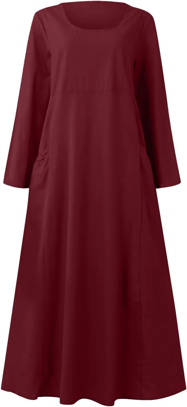 Linen Dresses for Women 2024 Plus Size Long Sleeve Solid Cotton Linen Dress Causal Ruffle Fall Dresses with Pockets