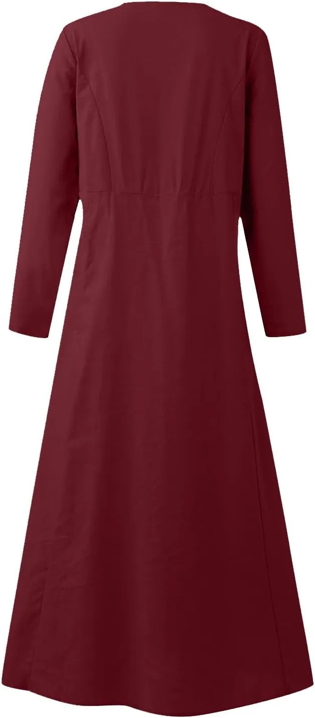 Linen Dresses for Women 2024 Plus Size Long Sleeve Solid Cotton Linen Dress Causal Ruffle Fall Dresses with Pockets
