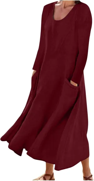 Linen Dresses for Women 2024 Plus Size Long Sleeve Solid Cotton Linen Dress Causal Ruffle Fall Dresses with Pockets