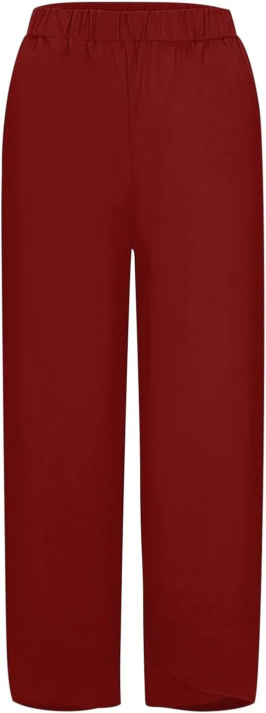 Linen Pants Women Capri Pants Casual Cropped Baggy Trousers Elastic Waisted Yoga Comfy Loose Palazzo Lounge Pants